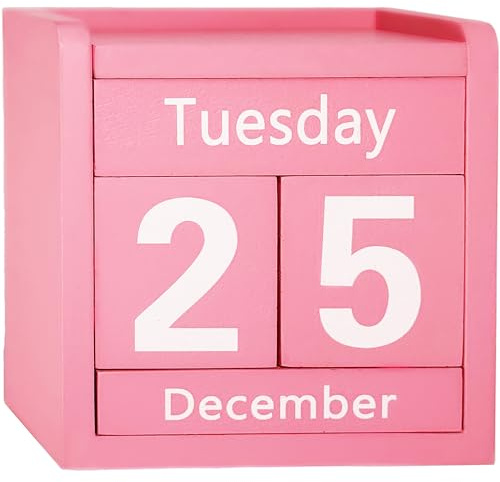 Wooden Block Calendar Perpetual Desk Calendar for Office Classroom Accessories Modern Farmhouse Bookshelf Cubicle Home Decor (Cute Pink)