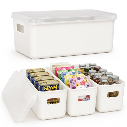 4 Pcs Plastic Narrow Storage Bins with Lid, Stackable Kitchen Cabinet Organiser with Handles, Long Under Sink Storage Baskets, Slim Organiser Storage Box for Kitchen, Office, Bathroom (28×10×9.5cm)