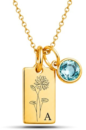 BS Schmuckdesign Personalisierte Kette Damen mit Gravur – Namenskette | Monatsblume & Initiale, Geburtsstein Anhänger, versteckte Botschaft, Geschenk