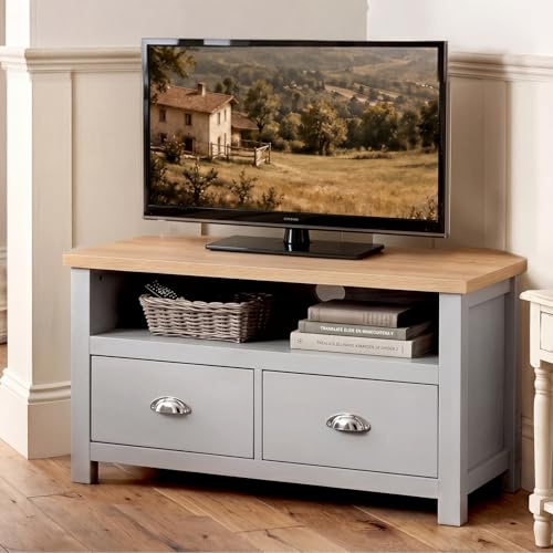 Levede Corner TV Stand with Cable Management, 2 Drawers & Open Shelf, Space Saving TV Unit for Small Flats & Living Rooms, Grey and Oak Two-Tone, 87.5cm, Easy Assembly