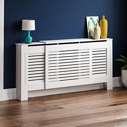 Home Discount Cubierta para radiador, Ajustable, diseño Moderno de Listones, Madera de Tablero de Fibra de Densidad Media Pintada en Blanco.