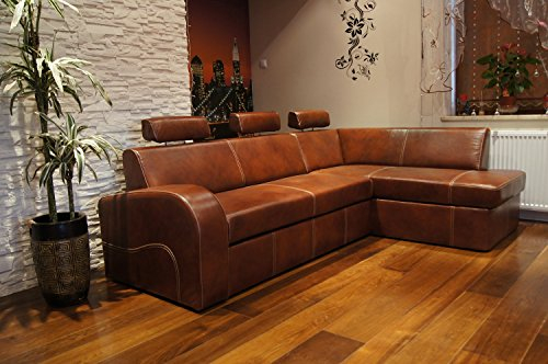 Quattro Meble Ecksofa Antalya II 3z 245 x 164cm Braun Echtleder mit Creme Ziernaht Sofa Couch mit Schlaffunktion, Bettkasten und Kopfstützen Eck Couch Echt Leder Antique Tabac