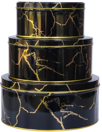 hadaaya Pack of 3 Round Metal Nesting Tins, Stackable Storage Containers with Lids for Cookies, Candy, Snacks, Crafts & Kitchen Storage, Black & Gold Gift Tin Box
