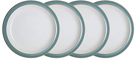 Denby - Azure Blue Medium Plates Set of 4 - Dishwasher Microwave Safe Crockery 22.5cm - Blue, White Ceramic Stoneware Tableware - Chip & Crack Resistant Lunch Plates