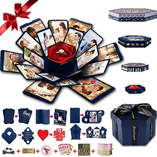 Wanateber DIY Explosion Geschenkbox mit 6 Gesichtern, zusammengebaute handgefertigte Fotobox für Geburtstag, Valentinstag, Verlobung, Hochzeit, Jahrestag (Blau, 36,1 x 29,2 cm geöffnet, 16,3 x 12,2 x