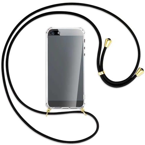 mtb more energy Handykette kompatibel mit Apple iPhone 5, 5S, iPhone SE 2016 (4.0'') - schwarz/Gold - Smartphone Hülle zum Umhängen - Anti Shock Full TPU Case