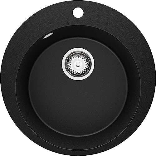 PRIMAGRAN Fregadero Cocina Circular Negro 50x50cm, Granito 1 Seno + Sifón + Tabla de cortar, Sobre encimera al mueble 45cm - Pisa S019