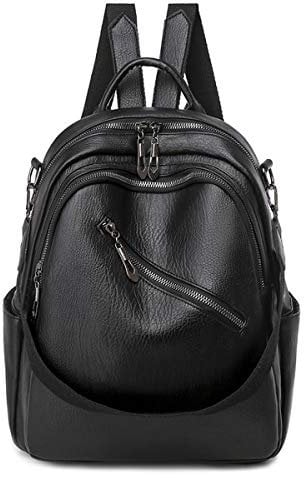 Asge Leder Wasserdicht Damen Rucksack Klein Schulrucksack Reiserucksack Tagesrucksack Casual Backpack Daypacks Mini Daypack mit Mehreren Taschen (Schwarz)