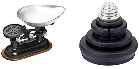 KitchenCraft Living Nostalgia Mechanical Kitchen Scales with Bowl in Gift Box + KitchenCraft Natural Elements Cast Iron Kitchen Scale Weights