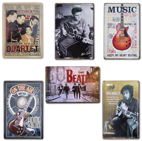 BOEMY Vintage Musikschilder | Kassette & Gitarre |Set mit 6 Schildern/Metallplatten Retro Musik für Wand, Bar, Studio | Größe 20 x 30