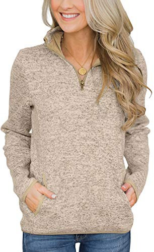 Breampot Womens Casual Long Sleeve Sweatshirt Stand Collar 1/4 Zip Pullover Jumper Tops With Pockets(Khaki,XX-Large)