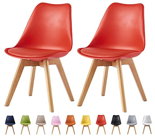 mcc direct Set of 2 Dining Chairs Wooden Legs Soft Cushion Pad Stylish DELUXE Retro Lounge Dining Office EVA (Red)