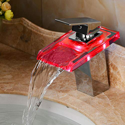 LED Wasserhahn, Wasserfall Waschtischarmatur mit RGB 3 Farbewechsel Beleuchtung Bad Armatur Glas Wasserfall Auslauf Waschbeckenarmatur für Badezimmer