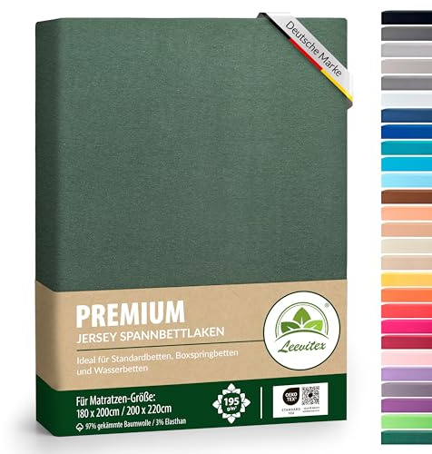 Premium Spannbettlaken für Wasserbetten & Boxspringbett | Spannbetttuch Jersey | 180x200 cm bis 200x220 cm | 40cm Steghöhe | 97% Mako-Jersey-Baumwolle | 3% Elastan | Dunkelgrün | 195 g/m²