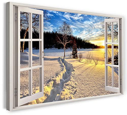 Bilder Fensterblick 80x60cm Baumwoll-Leinwand auf Keilrahmen mit Aufhänger moderner Kunstdruck XXL Wandbilder Wand-Dekoration Winter Landschaft Schnee Natur Wald Sonnenaufgang - Natur-Fotografie