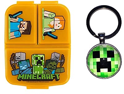 OM SUPPLIES Reusable Sandwich Lunch Box 3 Multi Compartment Kids Children School Includes Minecraft Keychain (Mine)