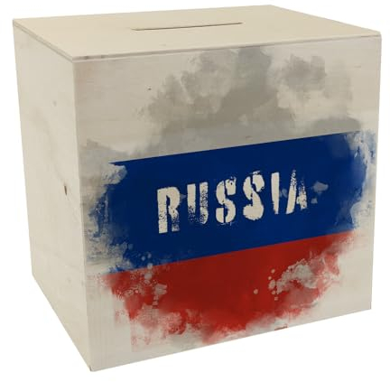 Spardose aus Holz mit Russland-Flagge im Used Look - Sparschwein für Urlauber eine schöne Sparbüchse mit der russischen Nationalflagge verziert um auf die Reise nach Russland zu