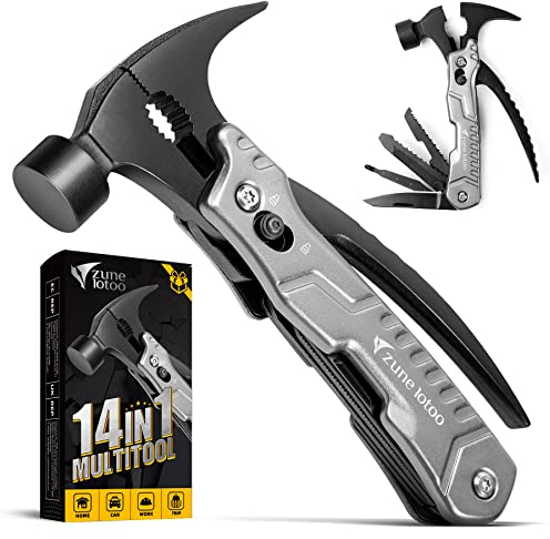 Zune Lotoo Marteau Multifonction, 14 en 1 Portable Outil Multifonction en Acier Inoxydable, Compact Multi Usage Outils avec Marteau Pince Tournevis, Cadeaux pour Hommes Papa Noël Anniversaire (Gris)