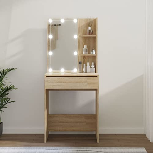 Chusui Schminktisch mit LED, Schminken Tisch, Frisiertisch, Kosmetiktisch, Schminkkommode, Schmink Tisch, Make Up Tisch, Sonoma-Eiche 60x40x140 cm