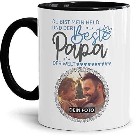 Tassendruck Tasse für Papa mit Foto Personalisieren - Papa Mein Held - Persönliches Geschenk für Papa, Vater Geschenkidee | Personalisiertes Geschenk, 300ml, Innen & Henkel Schwarz