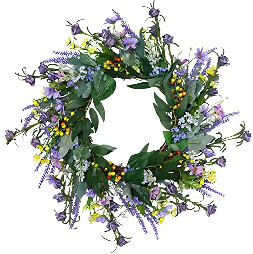 WACAR Door Wreaths, Spring Summer All Seasons Wreath, Artificial Wildflower Green Leaves Wreaths for Front Door Outdoor Window Wall Garden Wedding Festival Party Home Decoration