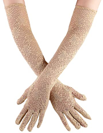 Wambere Damen Vintage Spitzen Brauthandschuhe Lange Spitzen Handschuhe für Hochzeit Oper Damen Accessoires,Damen Halb Transparent Tüll Braut Handschuhe,Lang für Hochzeit Abend 40cm,Beige