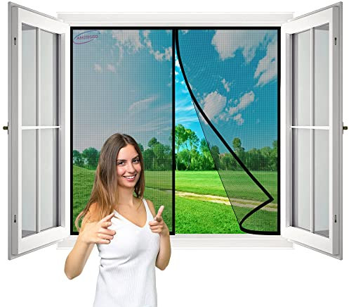 Fliegengitter Fenster Insektenschutz Magnet Vorhang Fliegenvorhang Flammschutz Moskitonetz, 155x90 cm Klebmontage Klettband Fassung für BalkonFenster KellerFenster- Schwarz H