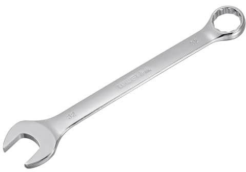 sourcing map Llave combinada métrica de 32 mm, 12 puntos, extremo abierto, acabado cromado, Cr-V