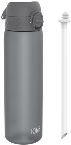 Ion8 Gourde Paille, 500 ml/18 oz, Étanche, Facile à Ouvrir, Verrouillage Sécurisé, Lavable au Lave-vaisselle, Sans BPA, Couvercle Hygiénique, Poignée de Transport, Facile à Nettoyer, Sans Odeur, Gris