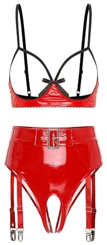 iiniim Womens 2 Piece Lingerie Set Nipple Split Bra Quarter Cup Bra Tops with Panties Garter Teddy Red A 3XL
