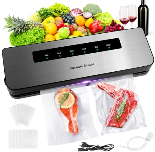 RISVOWO Maquina Envasadora al vacio de acero inoxidable 6 en 1, Embasadoras Vacio Alimentos Profesional, Incluyendo 10 Bolsas y manguera, para Alimentos Húmedos y Secos