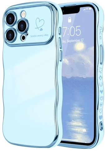 LCHULLE for iPhone 13 Pro Max Case for Women Girls,Cute Curly Wave Frame Shape Love Heart Pattern Phone Case,Raised Camera Protection Luxury Plating Shockproof Cover for iPhone 13 Pro Max 6.7,Blue