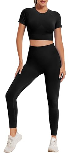 HANERDUN Damen Sportanzüge 2 Stücke Nahtlose Outfit Traingsanzug Jogginganzug Tiefem V und Leggings Bekleidungssets Yoga Outfit Freizeitanzug Sportswear