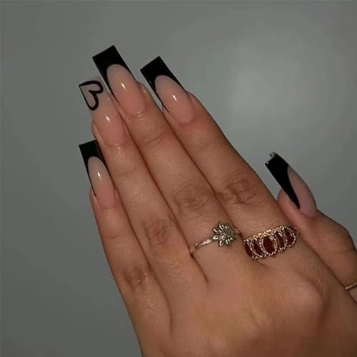 24PCS Long Coffin Press on Nails - künstliche Nägel Zum Aufkleben - quadratisch falsche Nagelspitzen (Black French, Normal)