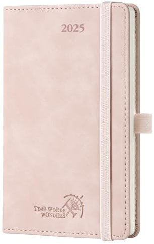 POPRUN Taschenkalender 2025 Klein Softcover mit PU-Leder, ca. A6 (16 x 10,5 cm) - Kalender 2025 Buchkalender Notizbuch (Jan.2025-Dez.2025) mit 100 GSM Papier - Zartrosa