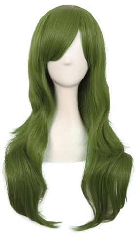 MapofBeauty 28 Zoll/70 cm Langes Lockiges Seitenschläger Haarspitzen Kostüm Cosplay Perücke (Olive grün)