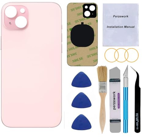Perzework OEM Rear Back Glass Replacement for iPhone 15 Plus 6.7-inches with Reparing Tool Kit (Pink)