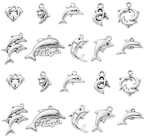 Ornazy 100 pcs 10 Styles Tibetan Dolphin Charms Antique Silver Sea Creatures Charms Vintage Sea Fish Charms for DIY Bracelet Necklace Jewellery Making