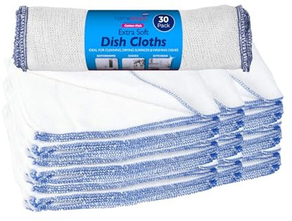 HOMESHOPA Cotton Dish Cloths, 30 Pack White Soft Super Absorbent Home Kitchen Cleaning Scrubbing Washing Up Dishcloths, Washable & Reusable Tea Towels for Cleaning, Drying Surfaces, Washing Dishes