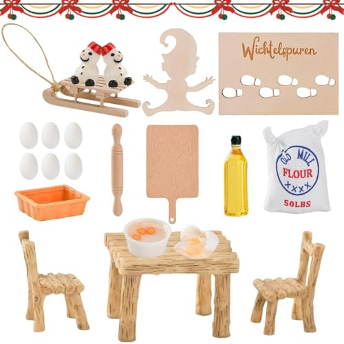 Miniatur Wichtel Zubehör Backset, Wichtel Schablone Fußabdrücke Miniatur Deko Tisch und Stühle Restaurant, Puppenhaus Zubehör Backen Wichtel Zubehör Küche Wichteltür Zubehör Deko Weihnachten 1/12