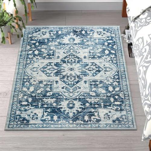 Moonlight20015 Washable Small Bedside Rug 40x60cm - Soft Short Pile Blue Area Rugs For Bedroom Entrway Non Slip Floor Carpet Traditional Vintage Design Cashmere Door Mat For Kitchen Bathroom, Tranquil