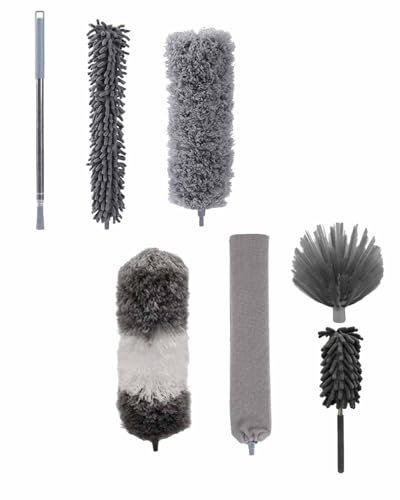 Set di 7 spolverini telescopici, lavabile e flessibile, estensibile fino a 2,6 m, in microfibra, per ragnatele, asta telescopica in acciaio inox, ideale per angoli e soffitti, grigio