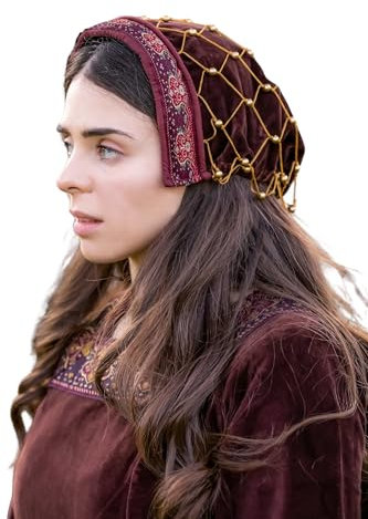 Leonardo Carbone® Damen Kopfbedeckung Samthaube Elaine | Perlenverzierung | Mittelalterliches Design | Karneval, Halloween, Cosplay, LARP, Haube, Hut, Kopfschmuck | 100% Baumwolle Weinrot