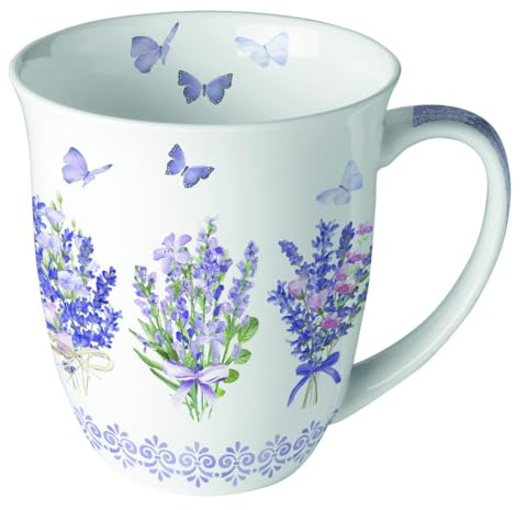 Ambiente Teetasse Kaffeetasse Becher Mug 0,4l Lavendel Schmetterlinge in zarten Farben Fine Bone China Porzellan Serie lovely lavender Ganzjahresmotiv