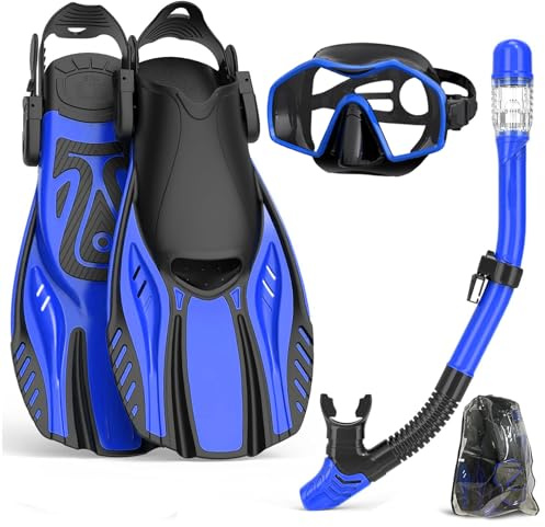 Schnorchel-Set für Erwachsene mit Flossen, Schnorchelmaske mit verstellbaren Schwimmflossen, Trockenschnorchel, Panoramablick, Schwimmbrille, Schnorchelpakete, Schnorchelausrüstung zum Schnorcheln