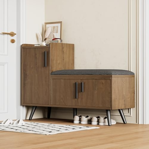 Merax Schuhschrank mit Sitzbank, Schuhbank mit Stauraum, 3 Stauraumtüren, asymmetrische Metallgriffen, Braun, B100/T34/H69 cm