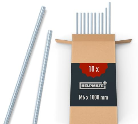 HELPMATE – Gewindestange M6 x 1000 mm aus verzinktem Stahl – 10 Stück Gewindestab mit metrischem Vollgewinde – Gewindestift mit Festigkeitsklasse 4.8, DIN 976