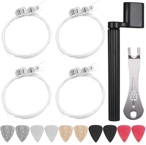 GATSUZG 4 juegos de cuerdas de nailon para ukelele, cuerda de repuesto universal para ukelele (blanca) para ukeleles soprano, con púas de fieltro, enrollador, extractor de clavijas de guitarra