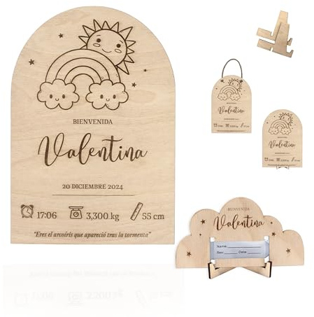 Ayurvana: Natalicio Bebé Personalizado - Lámina Madera Arcoíris con Nube | Natalicio personalizado en madera con datos de nacimiento. Incluye nube para guardar la pulsera del hospital y soporte.