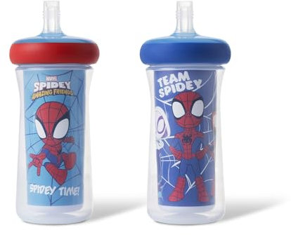 The First Years Spidey and His Amazing Friends Insulated Straw Cups - Toddler Cups with Straws and DropGuard Protection - Kids Water Bottles - 9 Oz - 2 Count - Ages 18 Months and Up